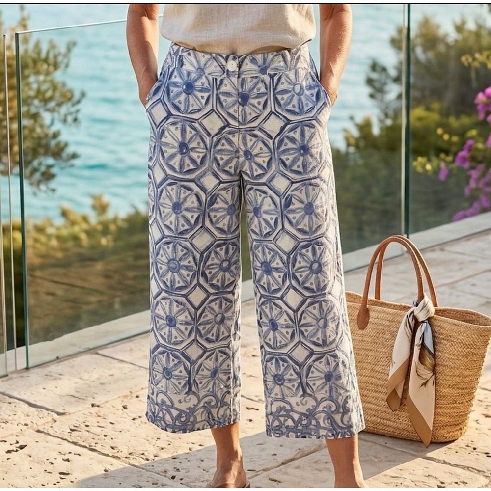 Tommy Bahama Wide Leg Pants Womens 0 Blue Tile Print Linen Coastal Resortwear